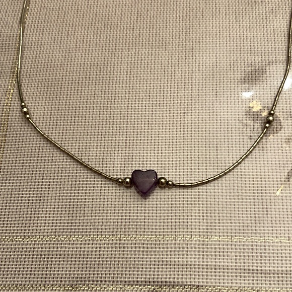 Vintage 14” liquid silver necklace w/1/4” Amethyst Heart + Sterling Silver Beads - Picture 2 of 2
